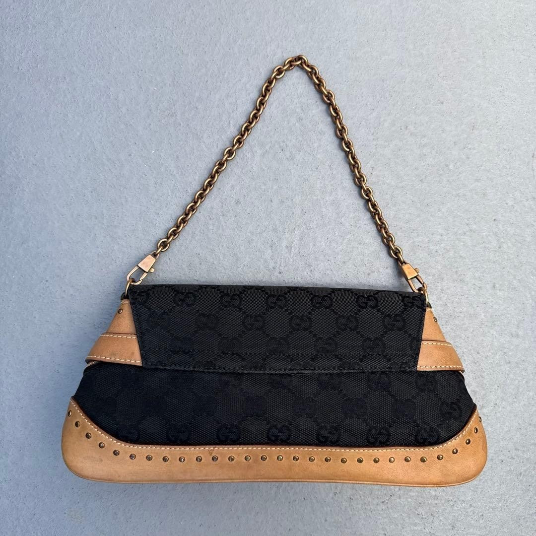 Gucci Tom Ford Era Horsebit GG Canvas Chain Clutch Shoulder Bag, Black & Beige