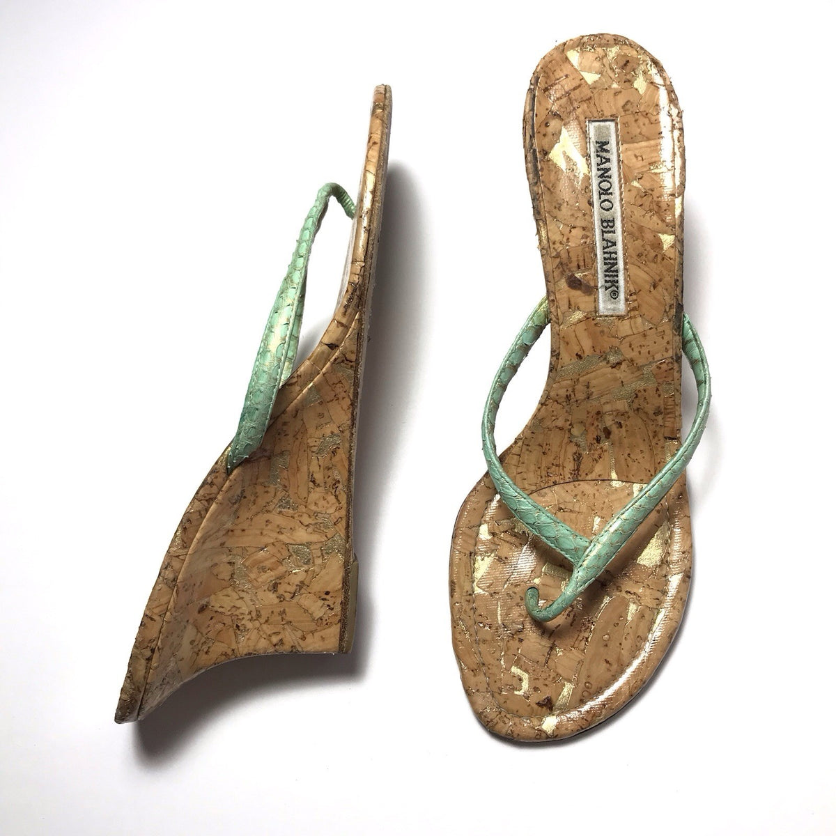 Manolo Blahnik Paterno Green Snake-Print Cork Wedge Sandals