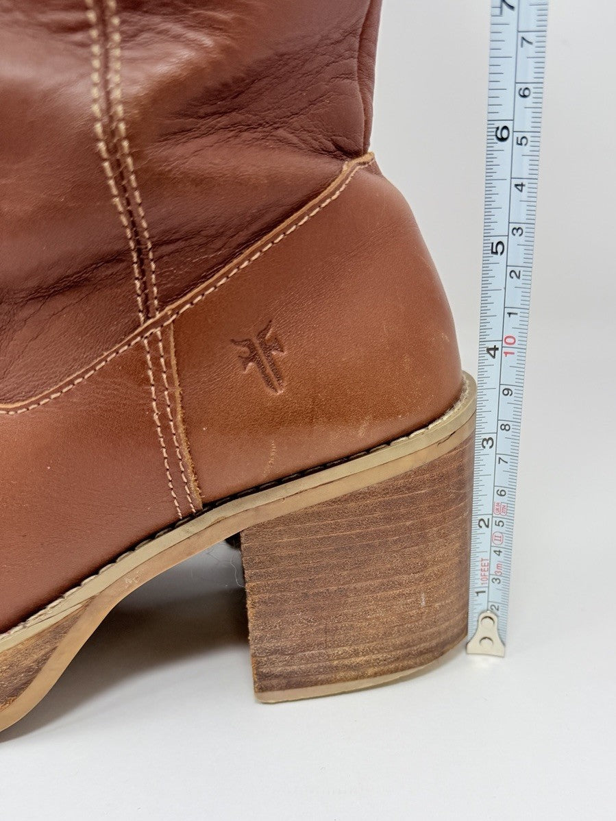 Frye Dorian Brown Leather Chunky Heel Platform Boots