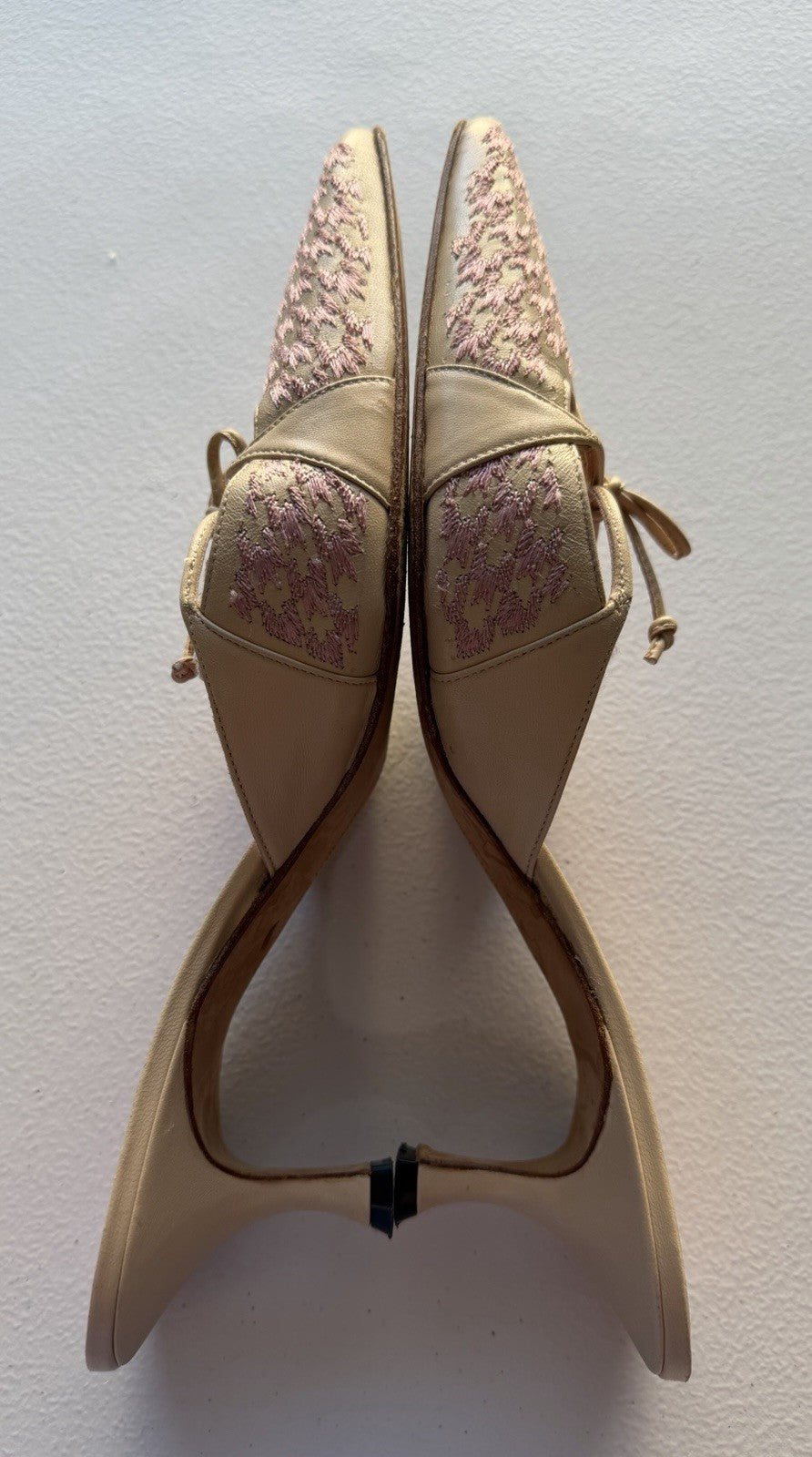 Vintage Manolo Blahnik Beige Pink Houndstooth Pointed Y2K Bow Mule Kitten