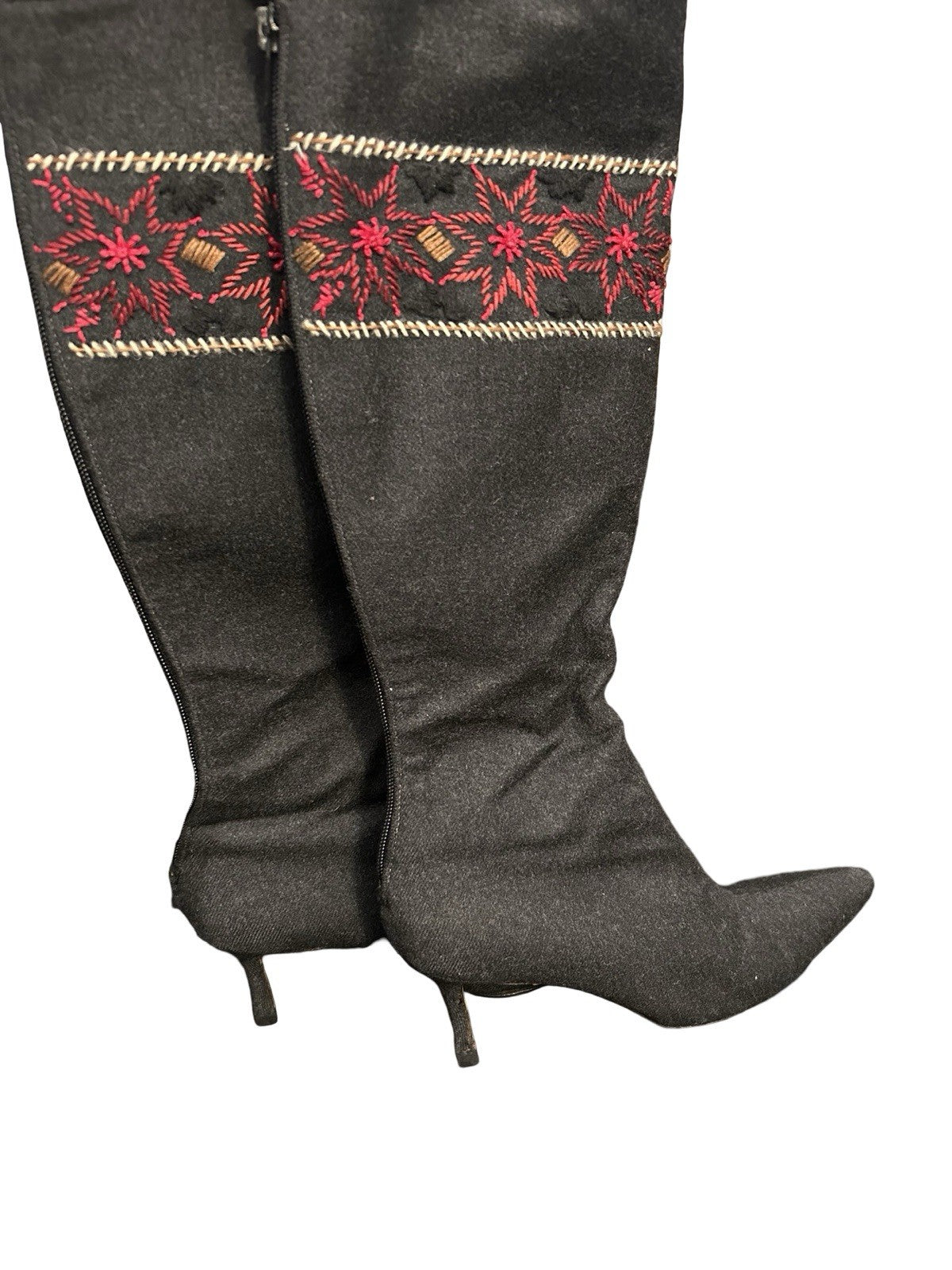 Manolo Blahnik Knee High Boots, Dark Gray with Red Embroidery