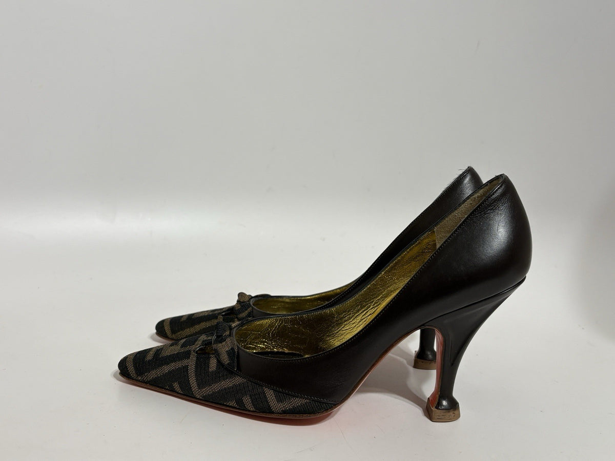 Fendi Zucca Monogram Heels in Brown, Size 35