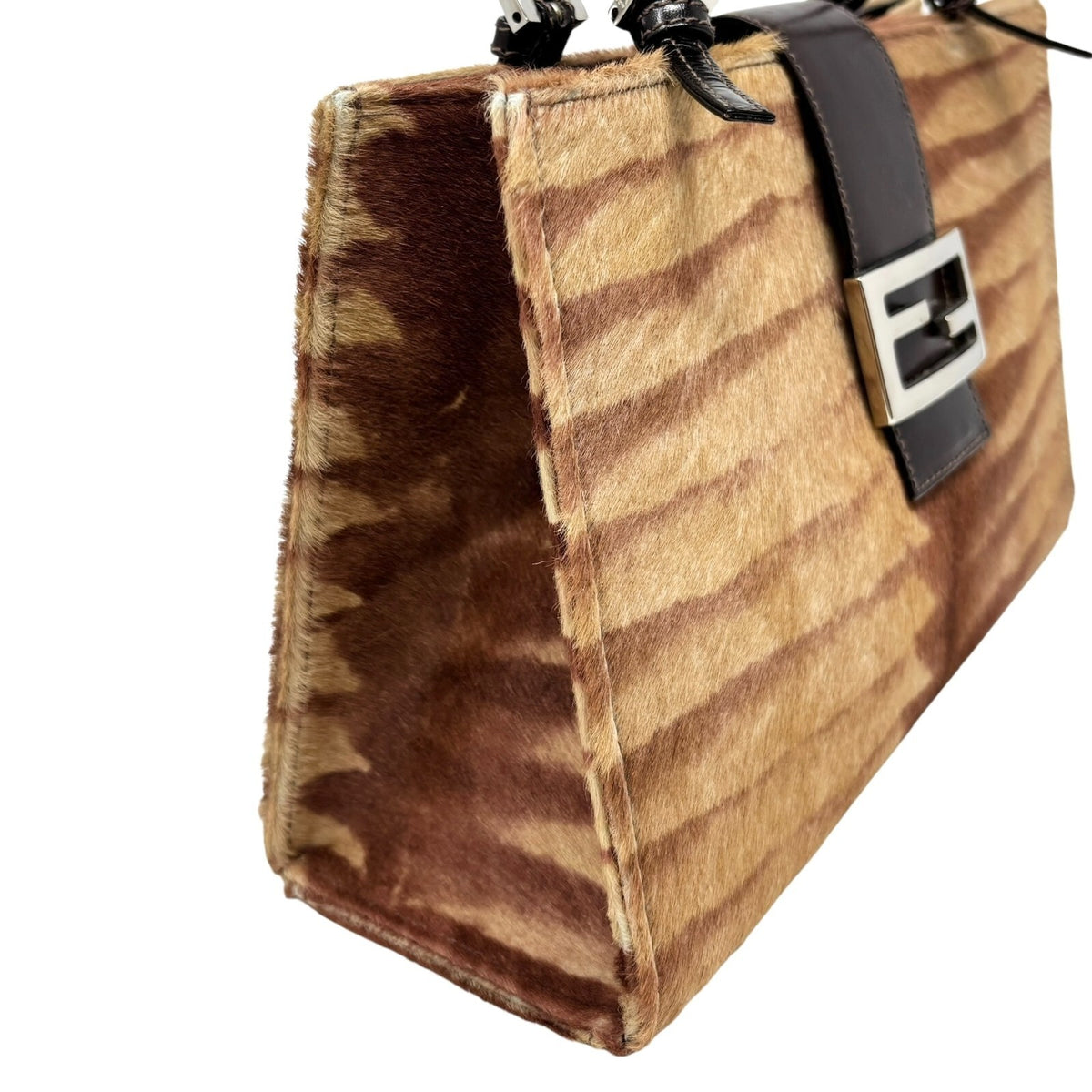 Fendi Vintage FF Logo Calf Hair Shoulder Bag, Brown & Silver