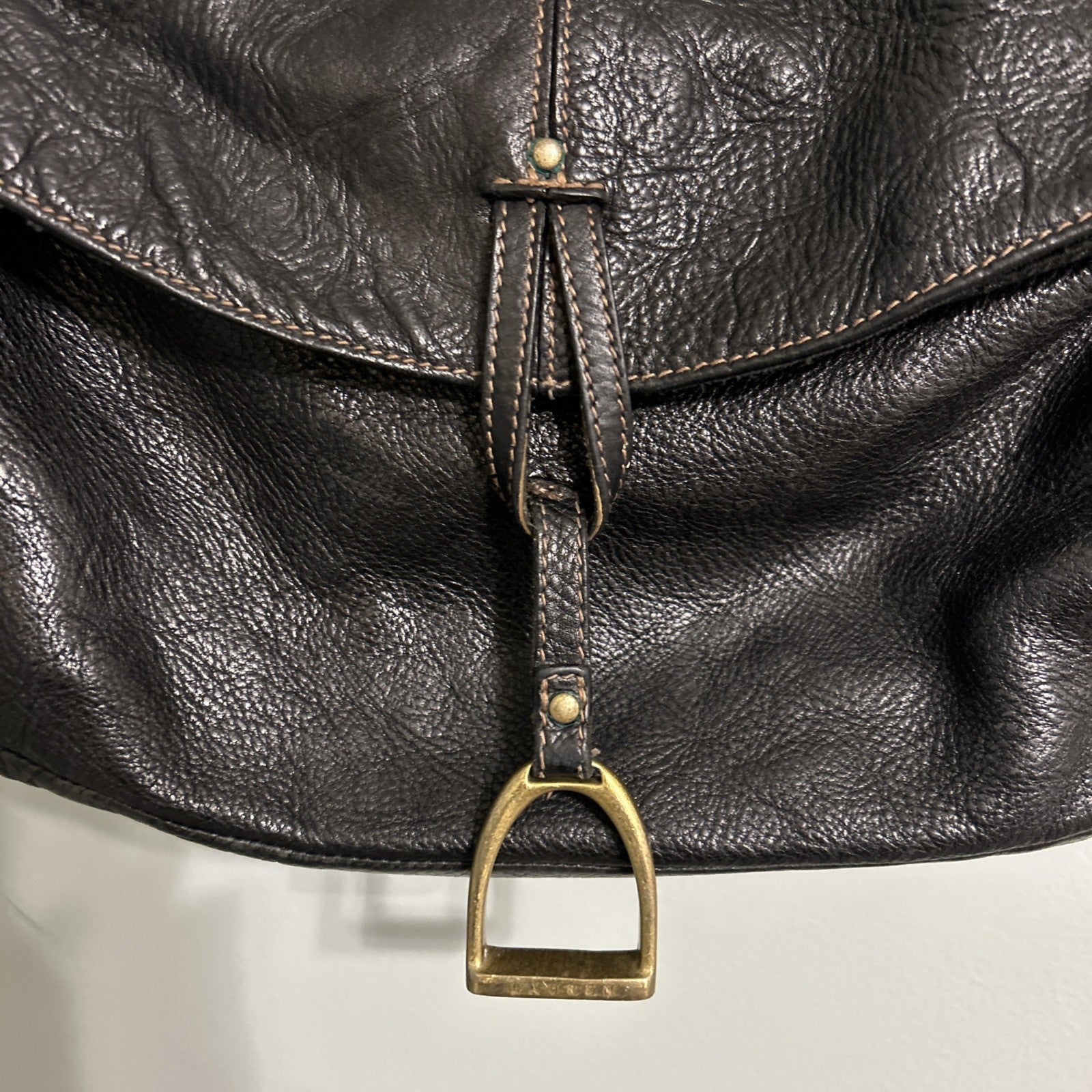 Lauren Ralph Lauren Black Leather Satchel Bag - Equestrian Themed