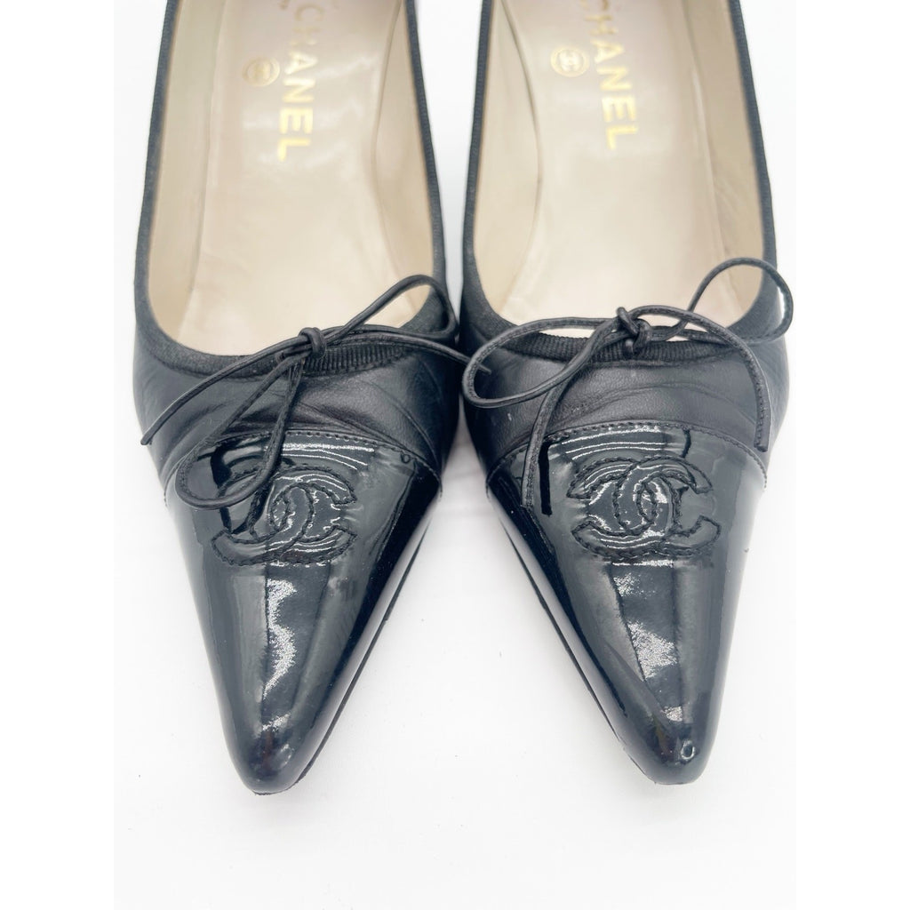 Chanel Vintage Black Patent Leather CC Bow Cap Toe Pumps, EU 36