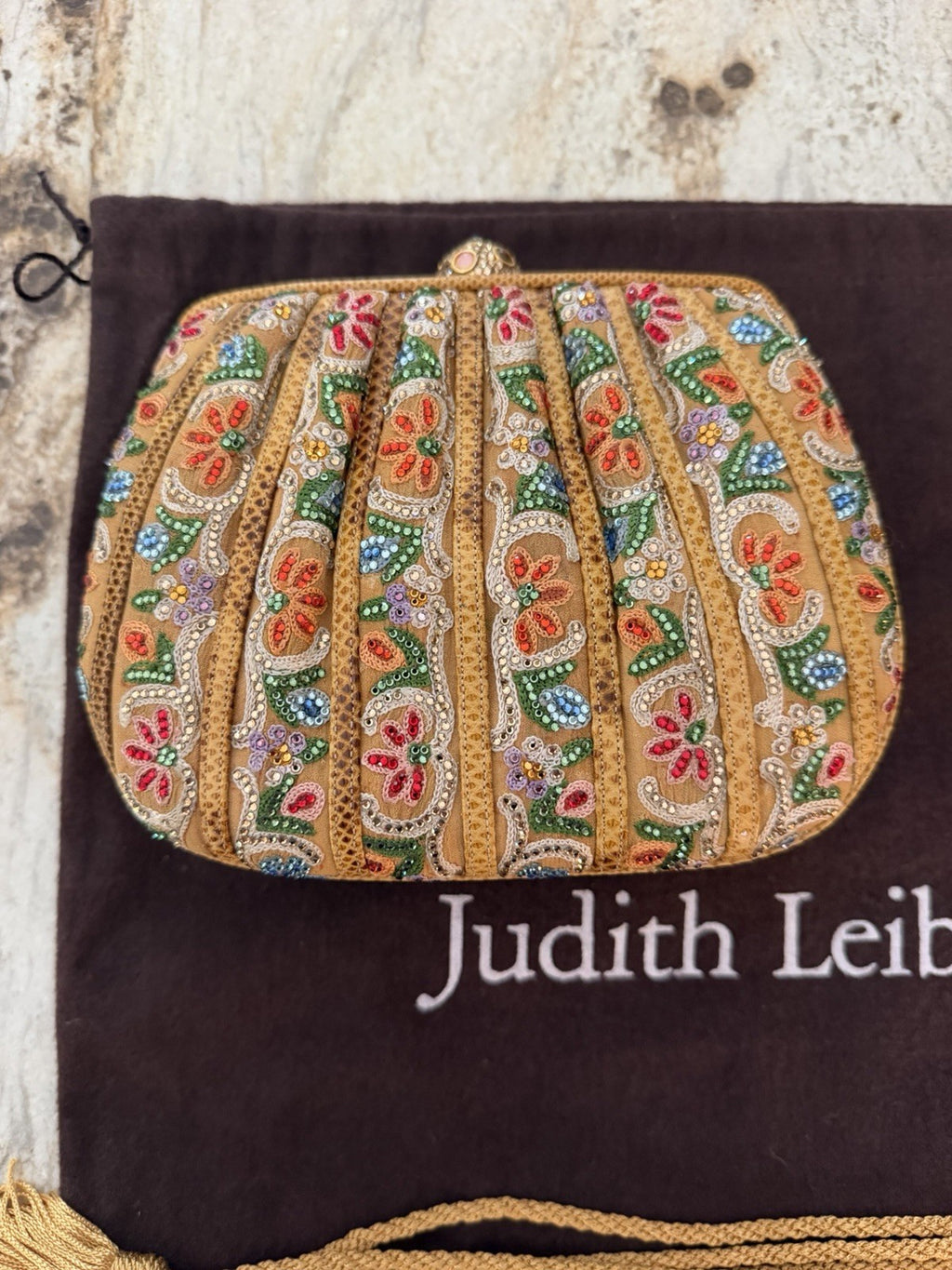 Judith Leiber Beaded Clutch, Gold Multicolor Floral