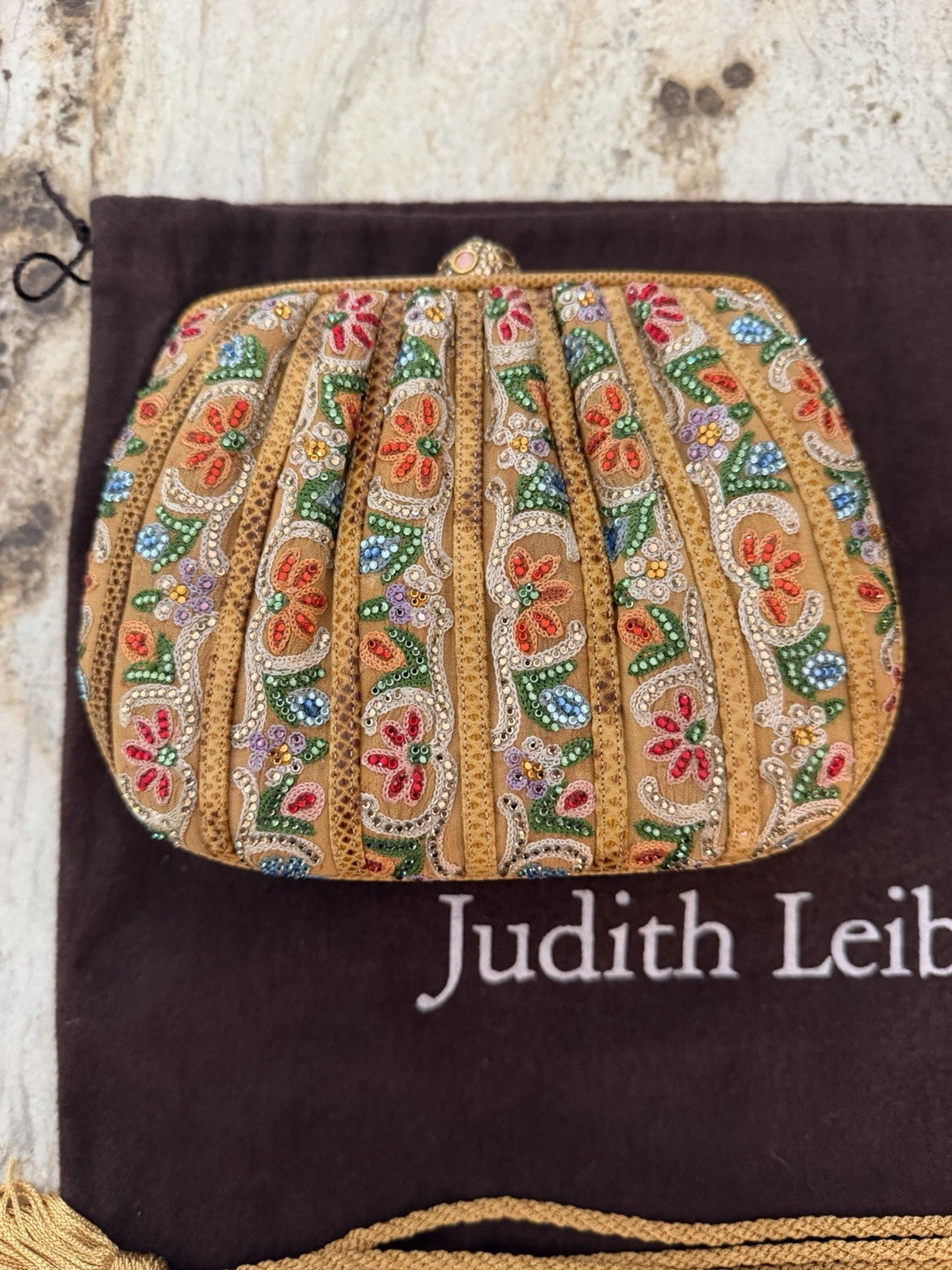 Judith Leiber Beaded Clutch, Gold Multicolor Floral