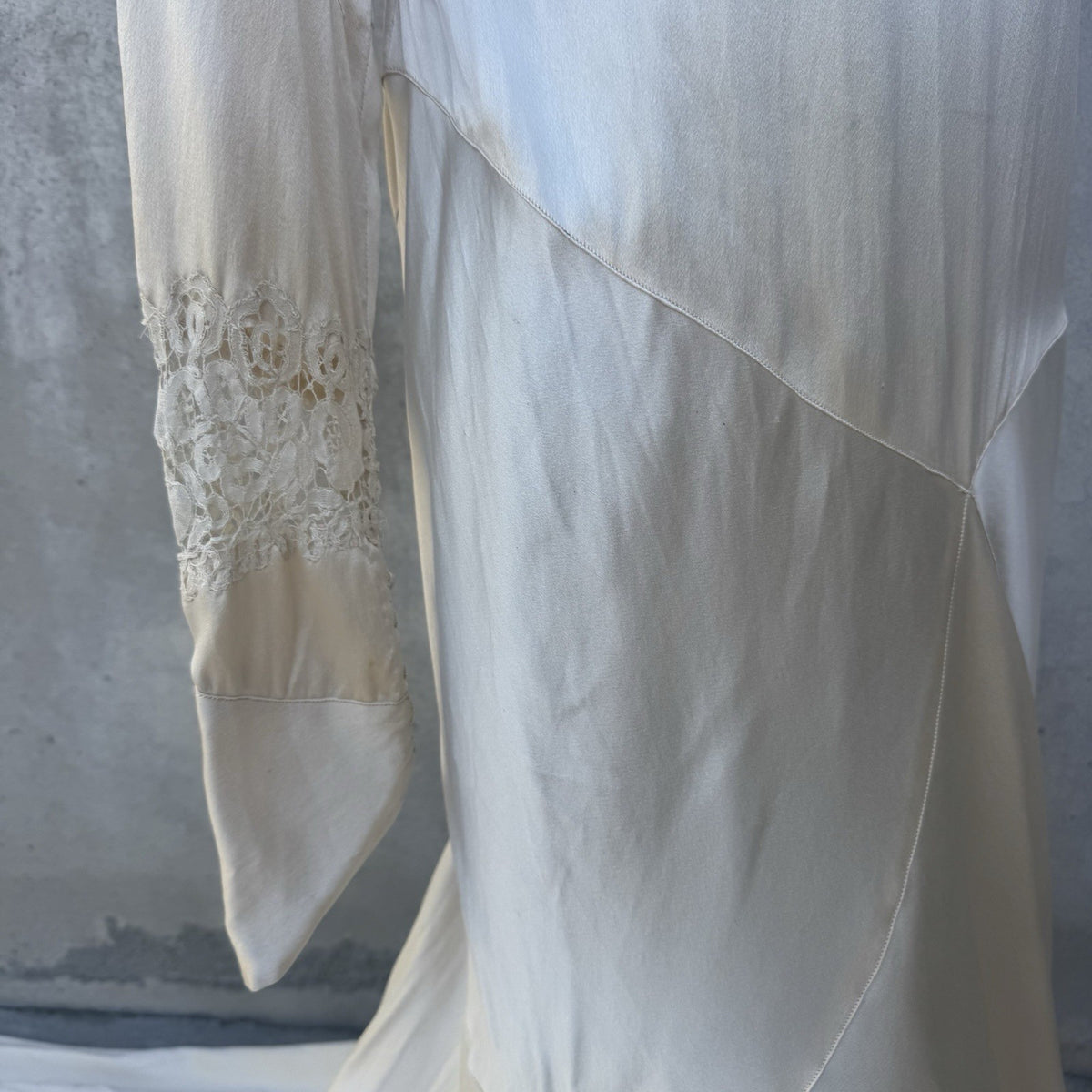 1930s Ivory Silk Satin Deco Wedding Gown with Brussels Lace