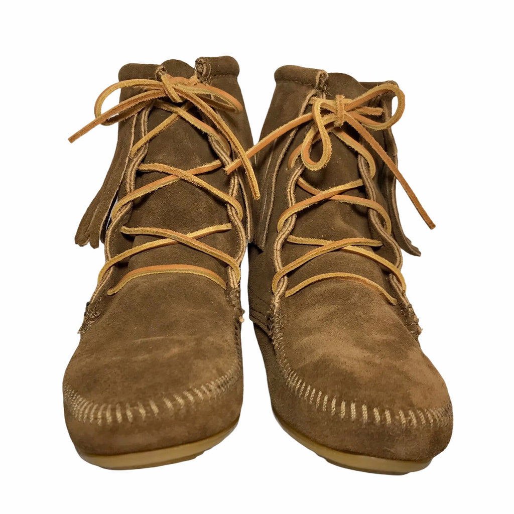 Minnetonka Tramper Fringe Ankle Moccasin Boots, Brown Suede