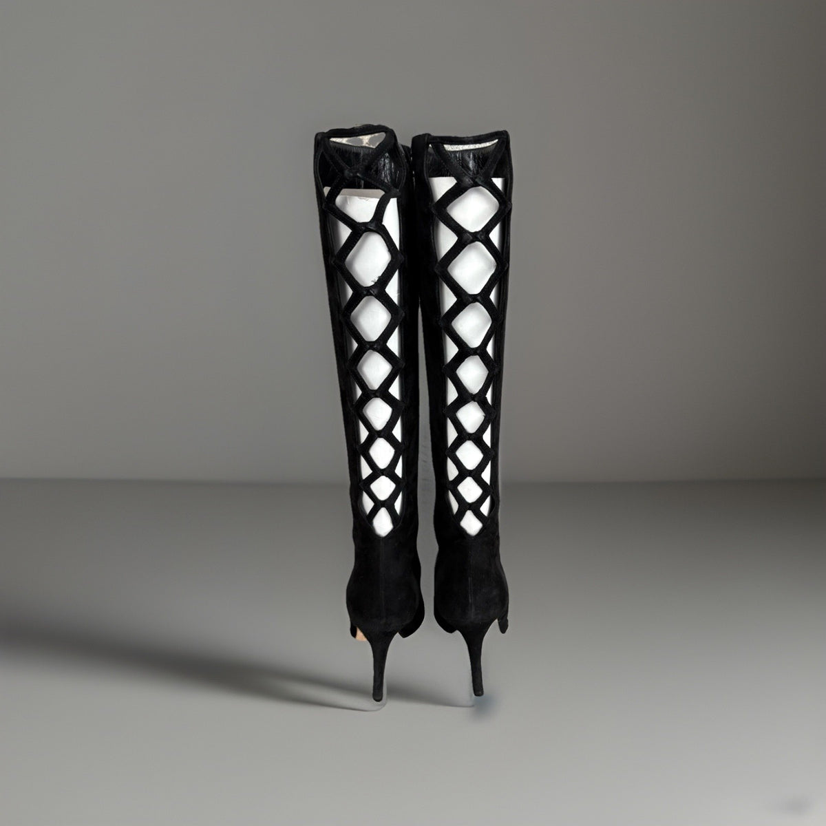 Manolo Blahnik Black Suede Cage Cutout Tall Boots