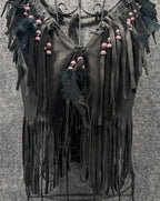 Handmade Black Leather Fringe Halter Top - Beaded Feather Detail