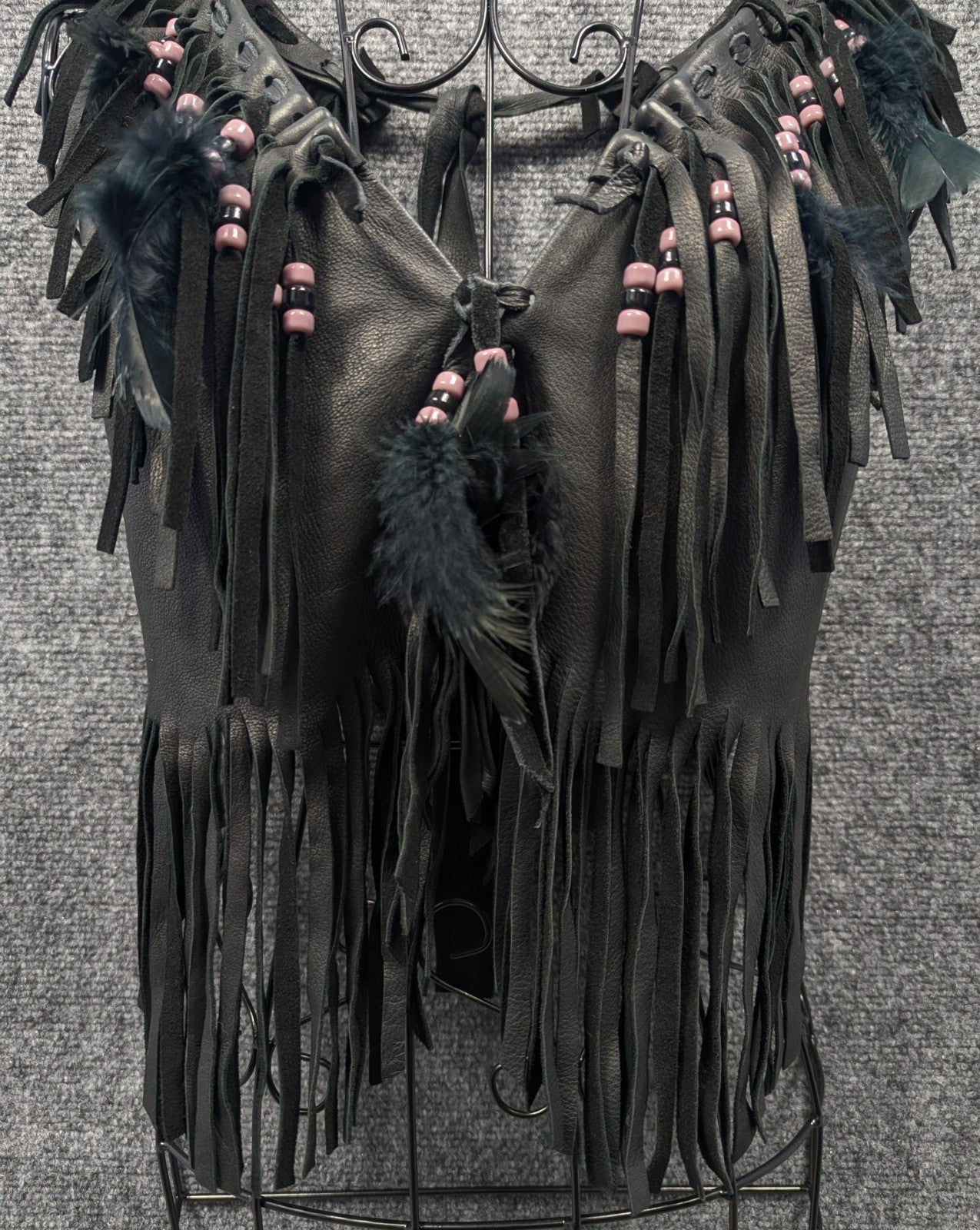 Handmade Black Leather Fringe Halter Top - Beaded Feather Detail