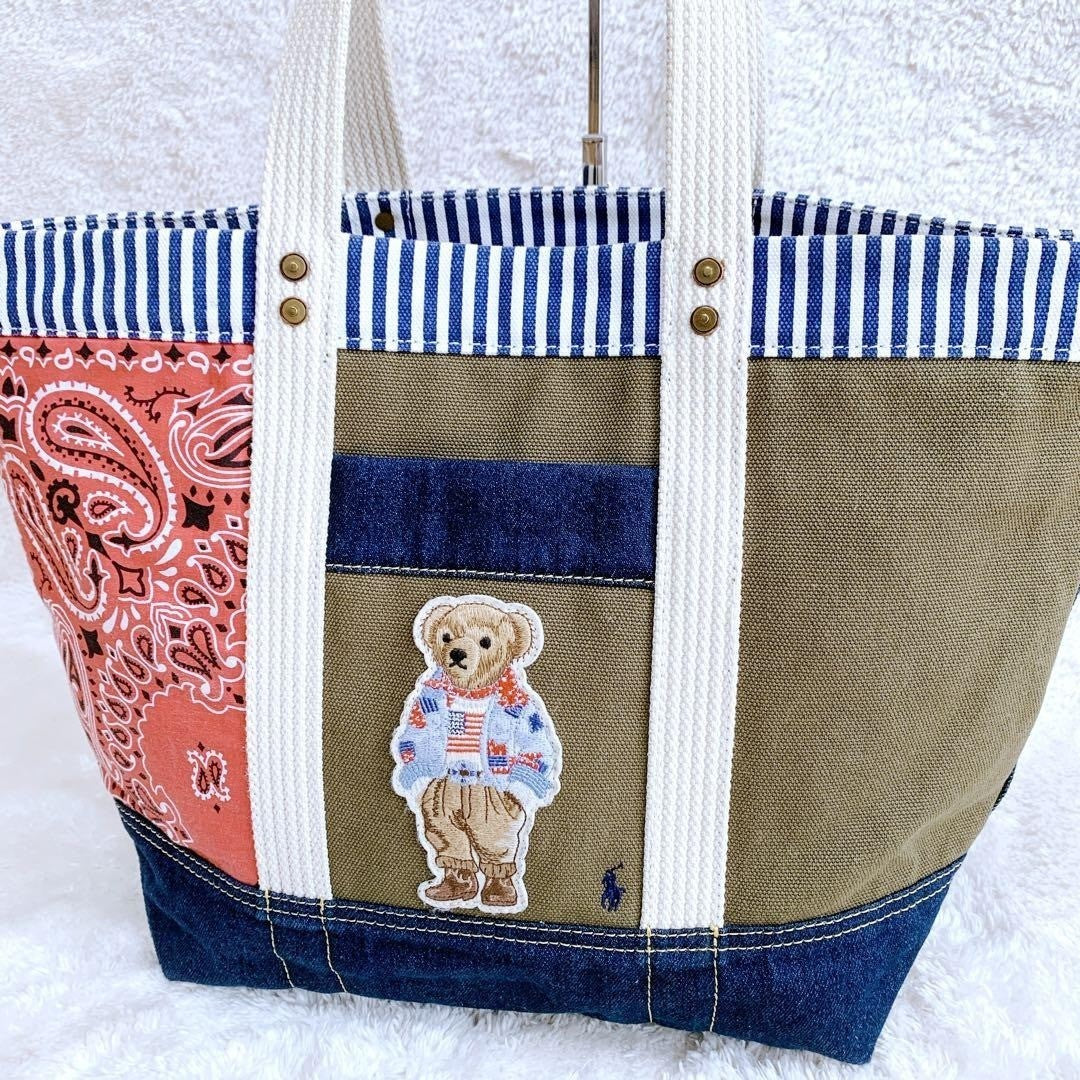 Polo Ralph Lauren Polo Bear Patchwork Denim Tote Bag, Indigo Canvas