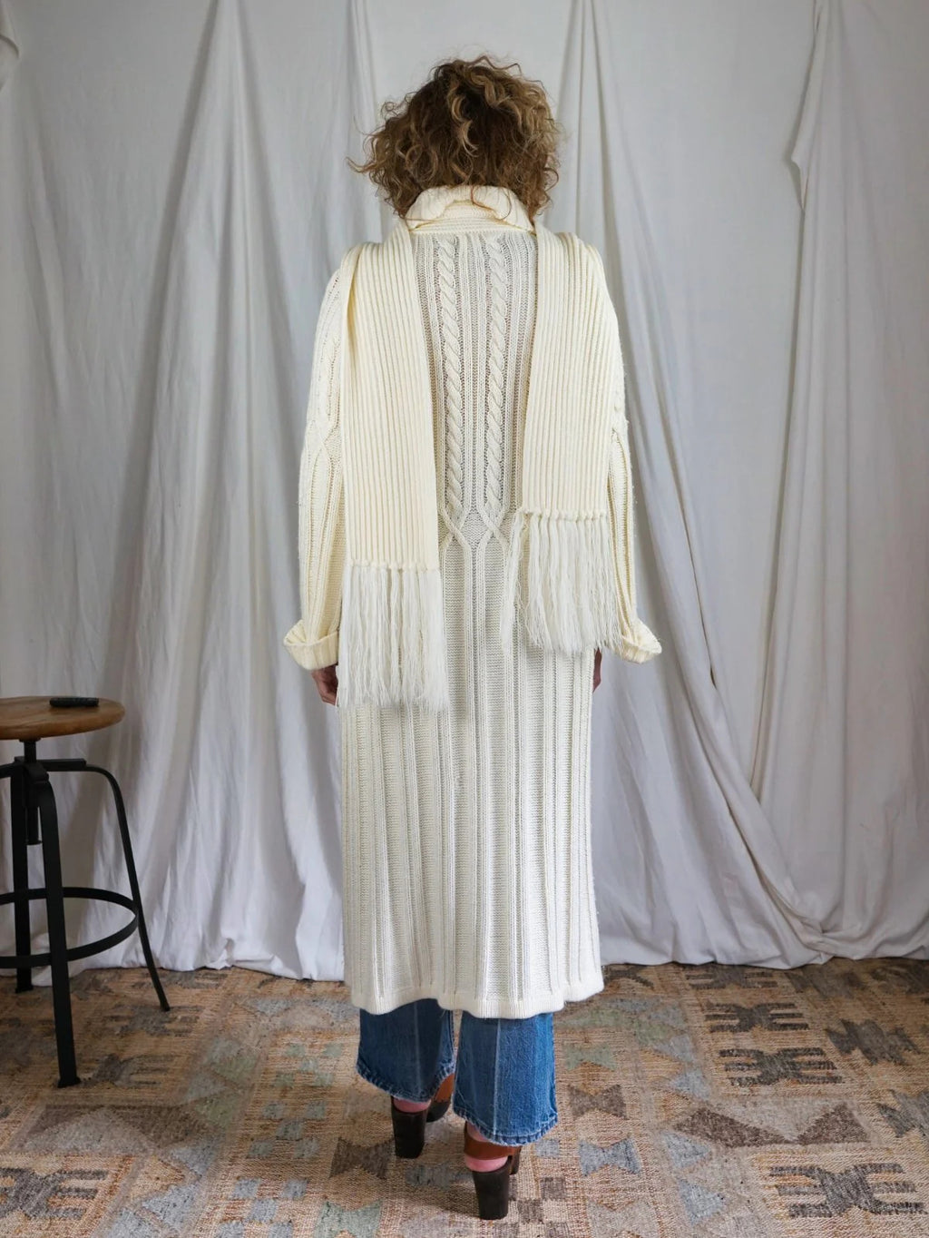 Vintage 70s Ivory Cable Knit Duster Sweater Coat