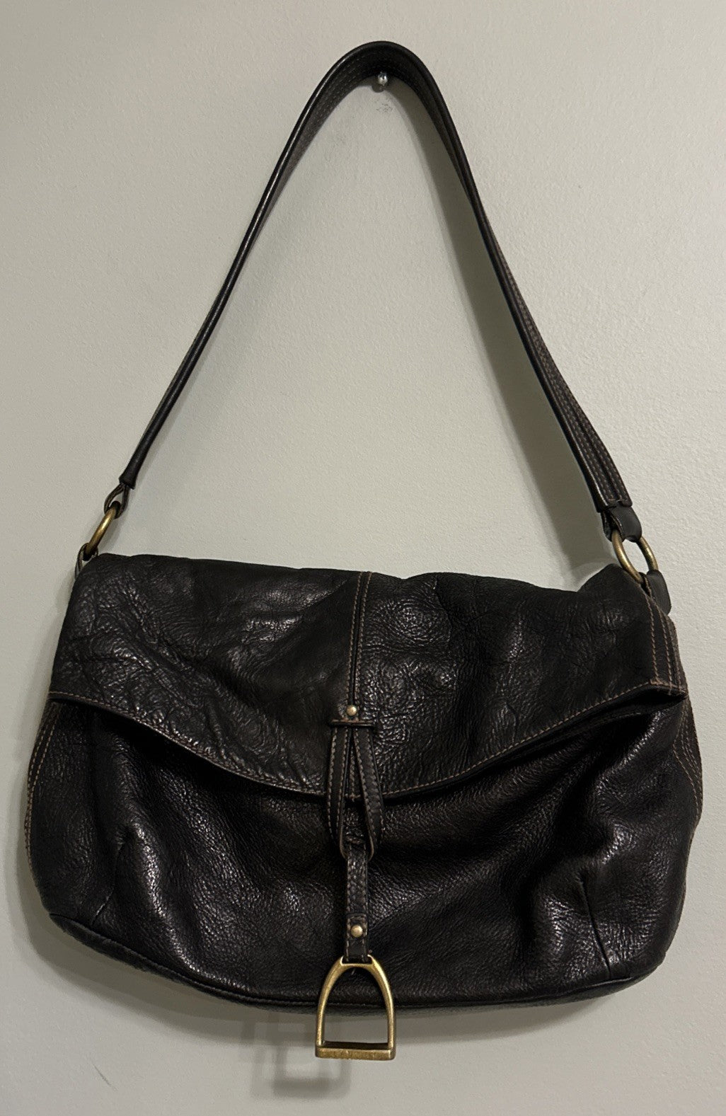 Lauren Ralph Lauren Black Leather Satchel Bag - Equestrian Themed