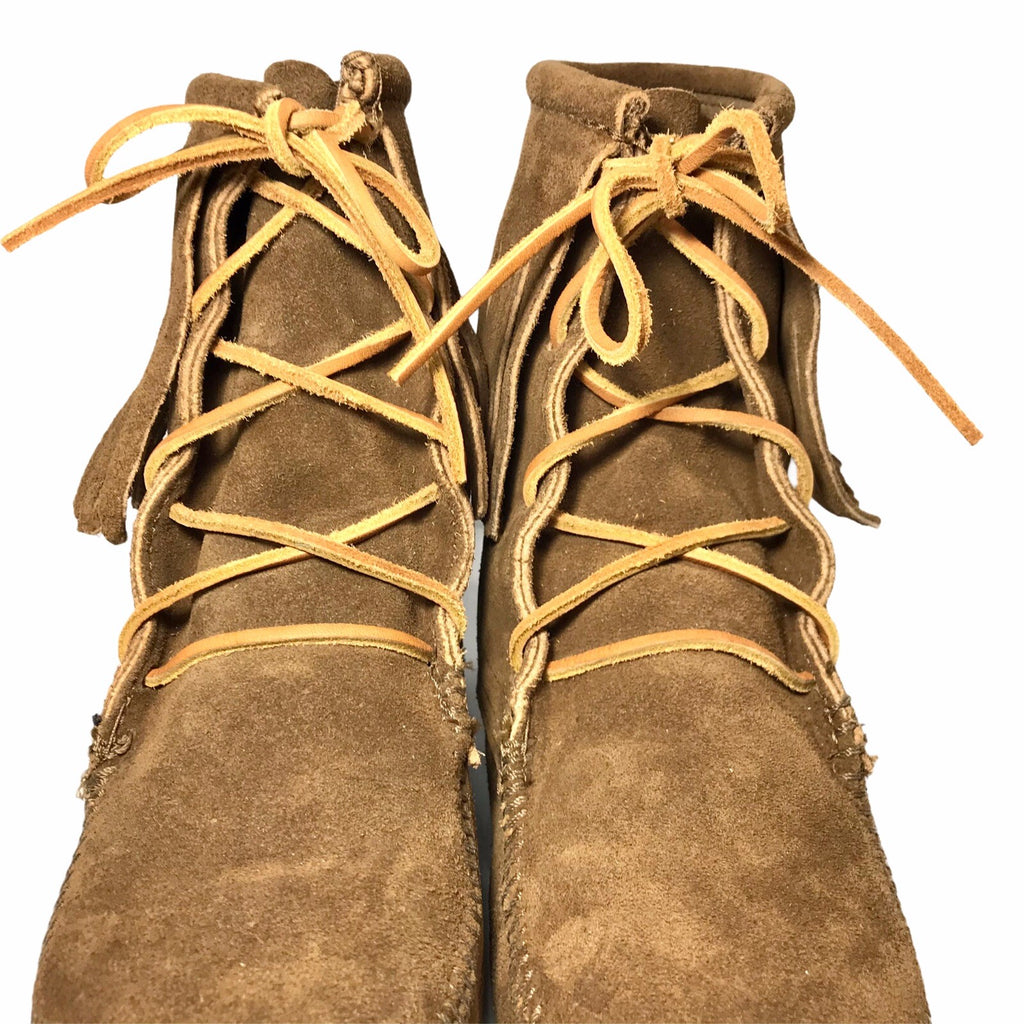 Minnetonka Tramper Fringe Ankle Moccasin Boots, Brown Suede