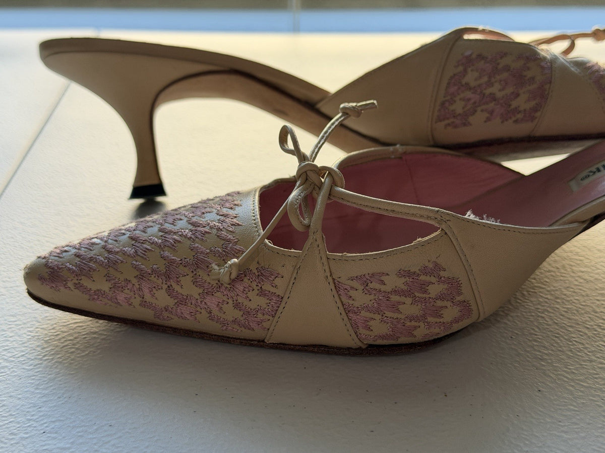 Vintage Manolo Blahnik Beige Pink Houndstooth Pointed Y2K Bow Mule Kitten