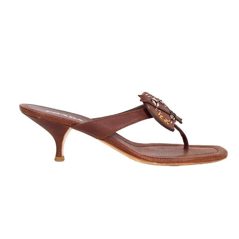 Prada Vintage Brown Grained Leather Heart Accent Kitten Heel Sandals
