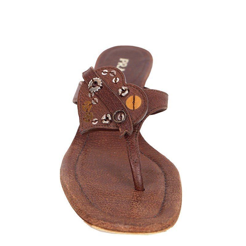 Prada Vintage Brown Grained Leather Heart Accent Kitten Heel Sandals