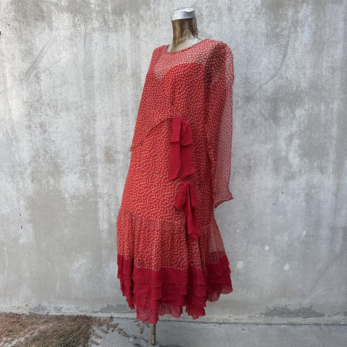Marjone 1920s Red Silk Chiffon Polka Dot Dress