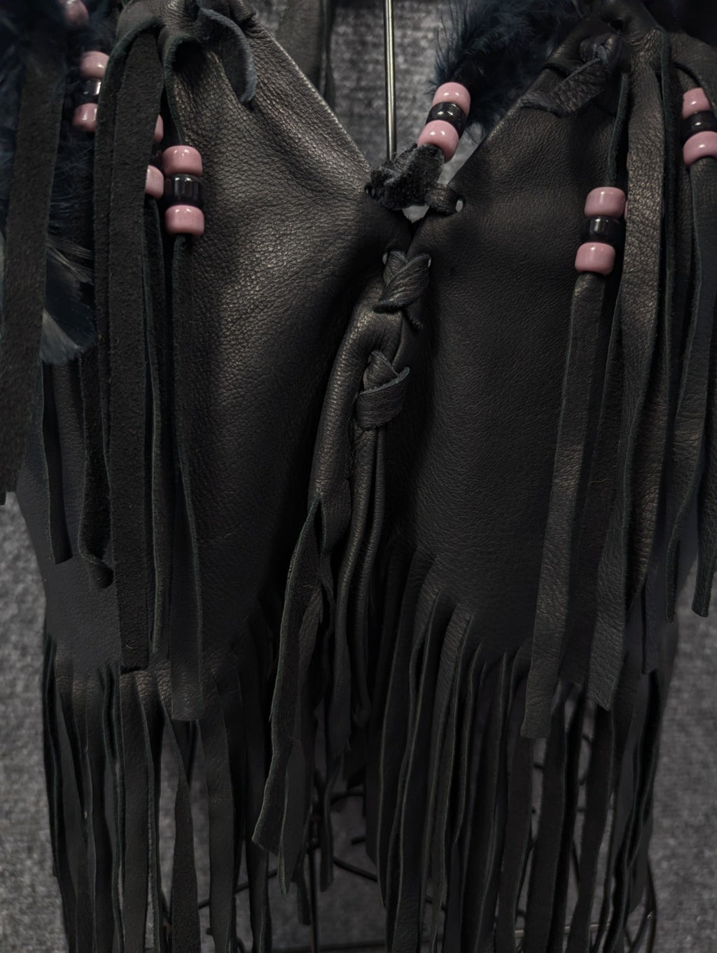 Handmade Black Leather Fringe Halter Top - Beaded Feather Detail