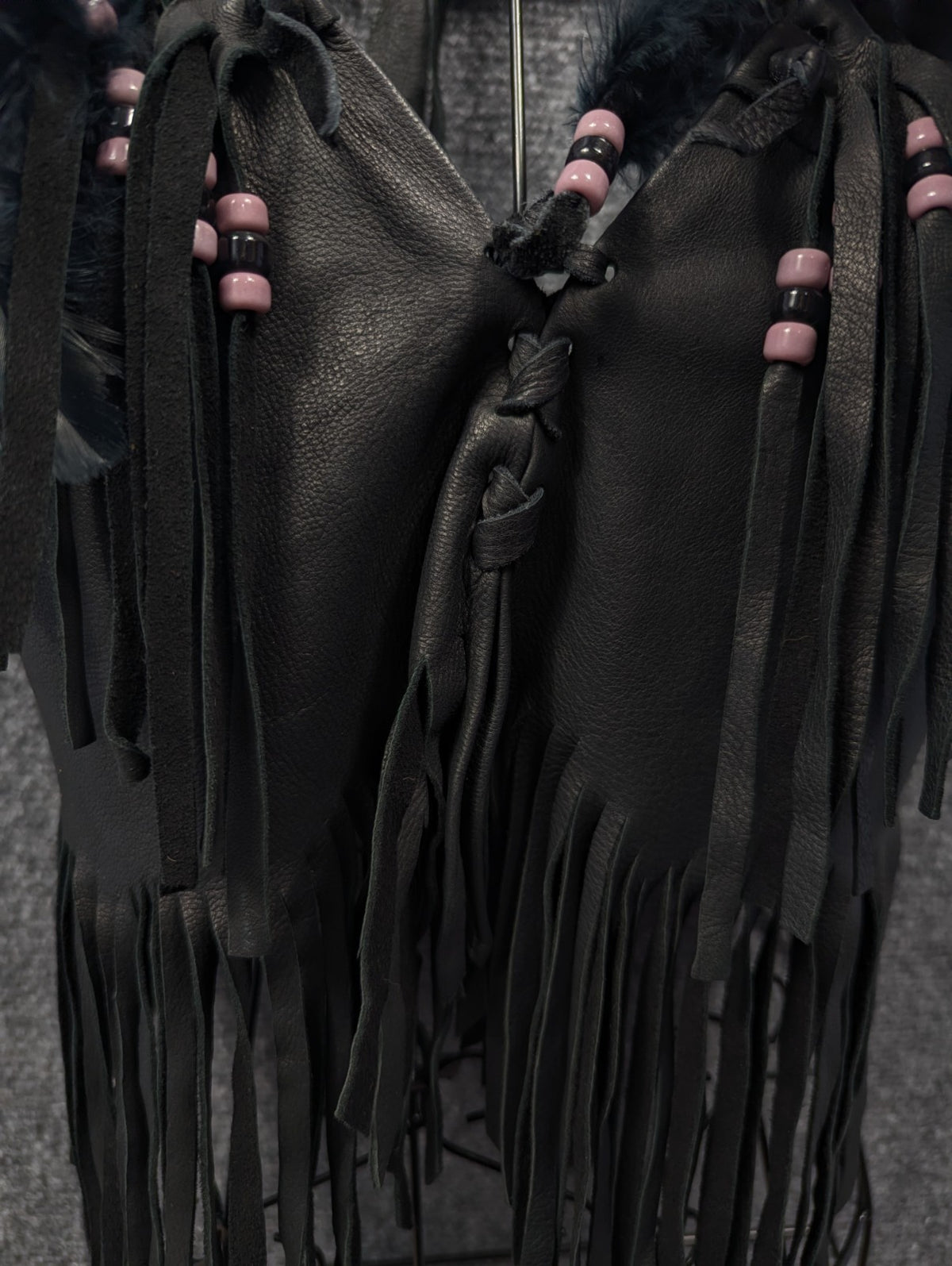 Handmade Black Leather Fringe Halter Top - Beaded Feather Detail