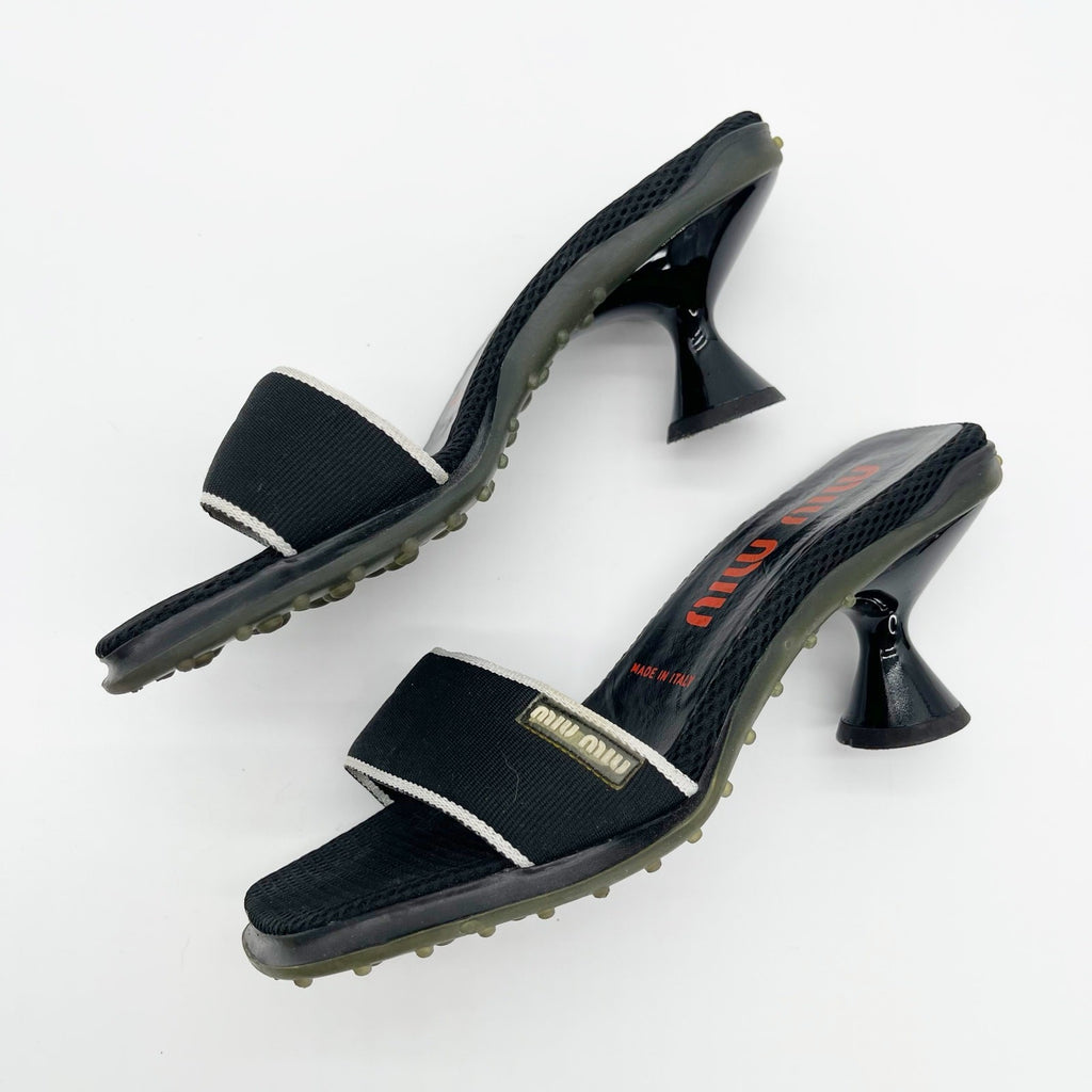 Miu Miu Black Mesh Logo Kitten Heel Mules