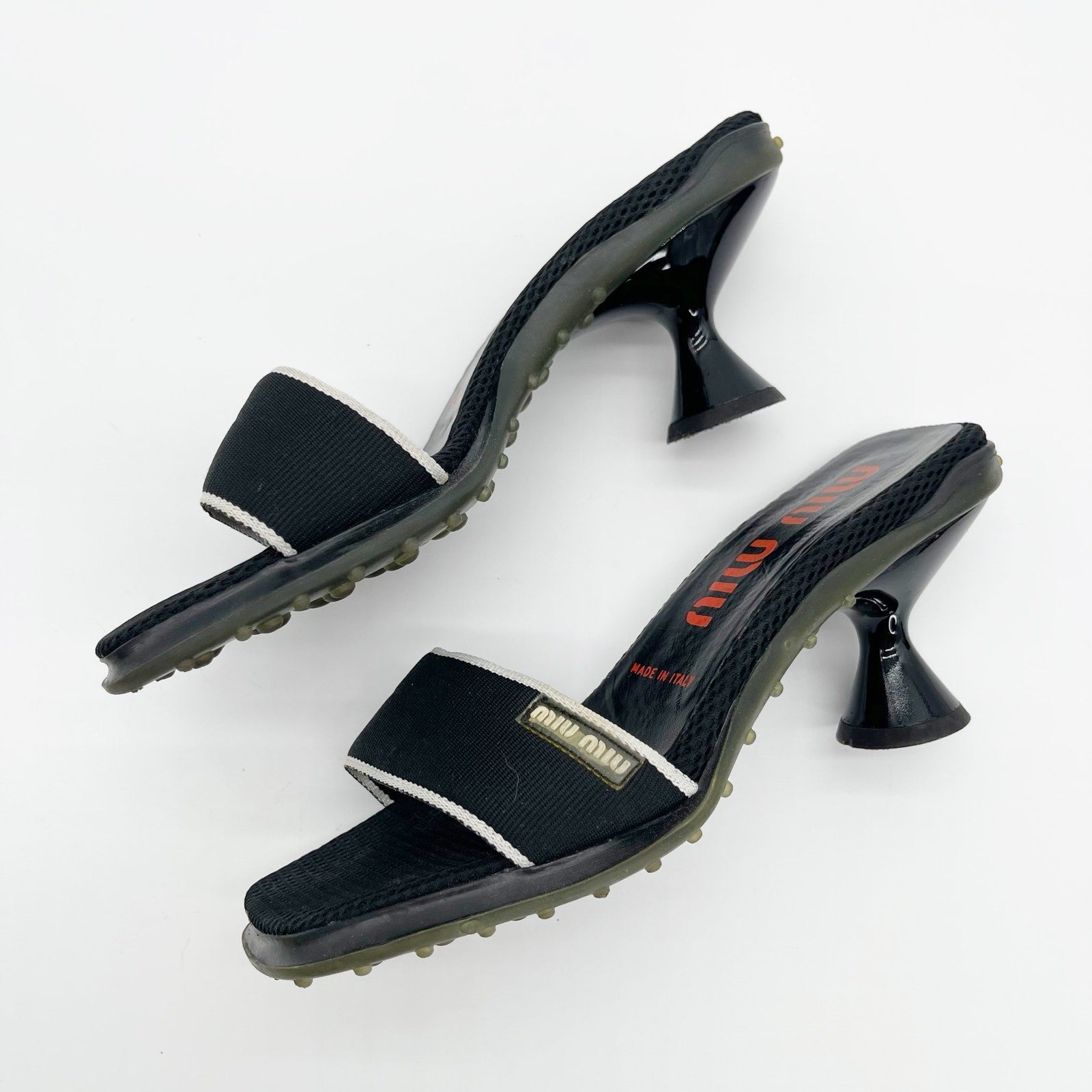 Miu Miu Black Mesh Logo Kitten Heel Mules
