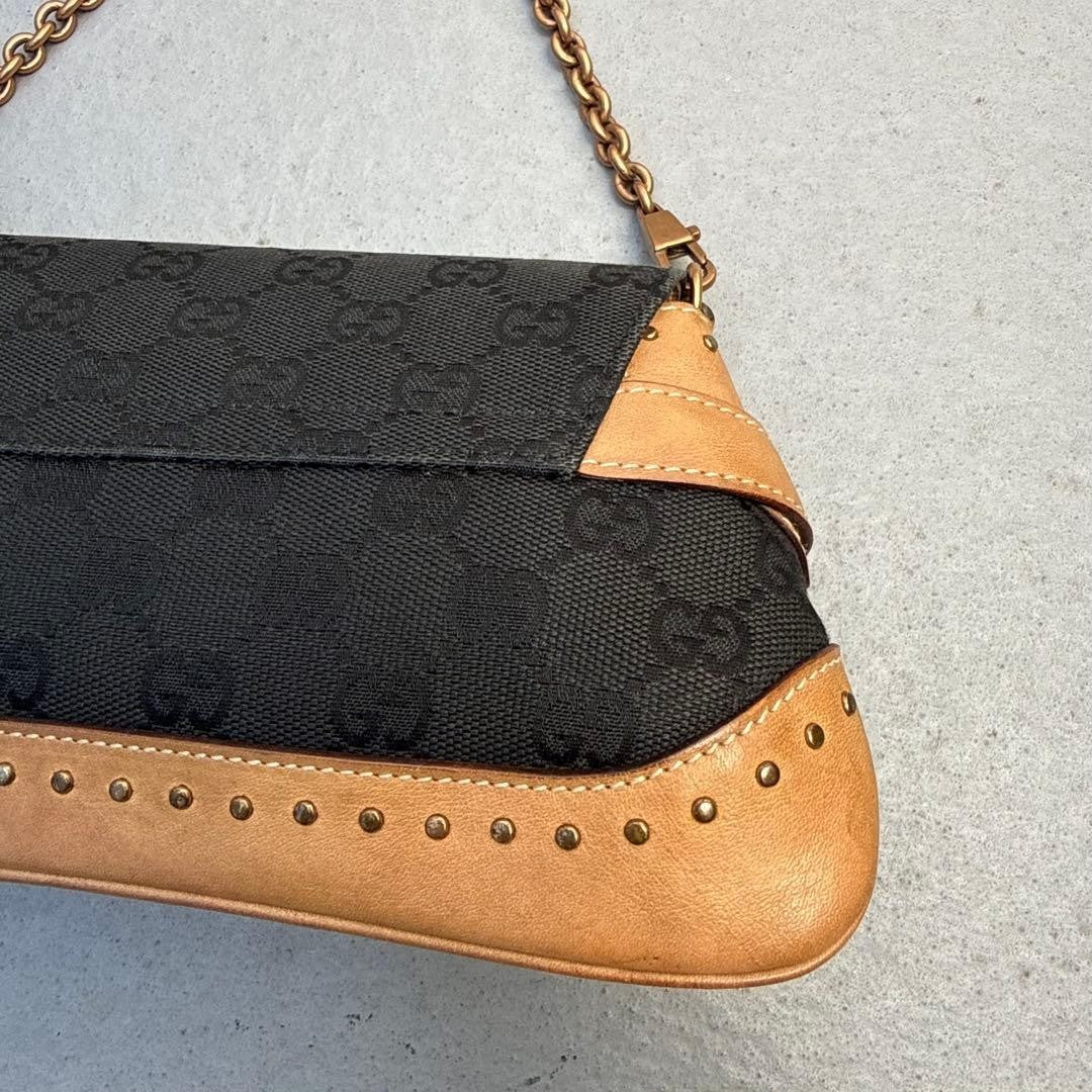 Gucci Tom Ford Era Horsebit GG Canvas Chain Clutch Shoulder Bag, Black & Beige