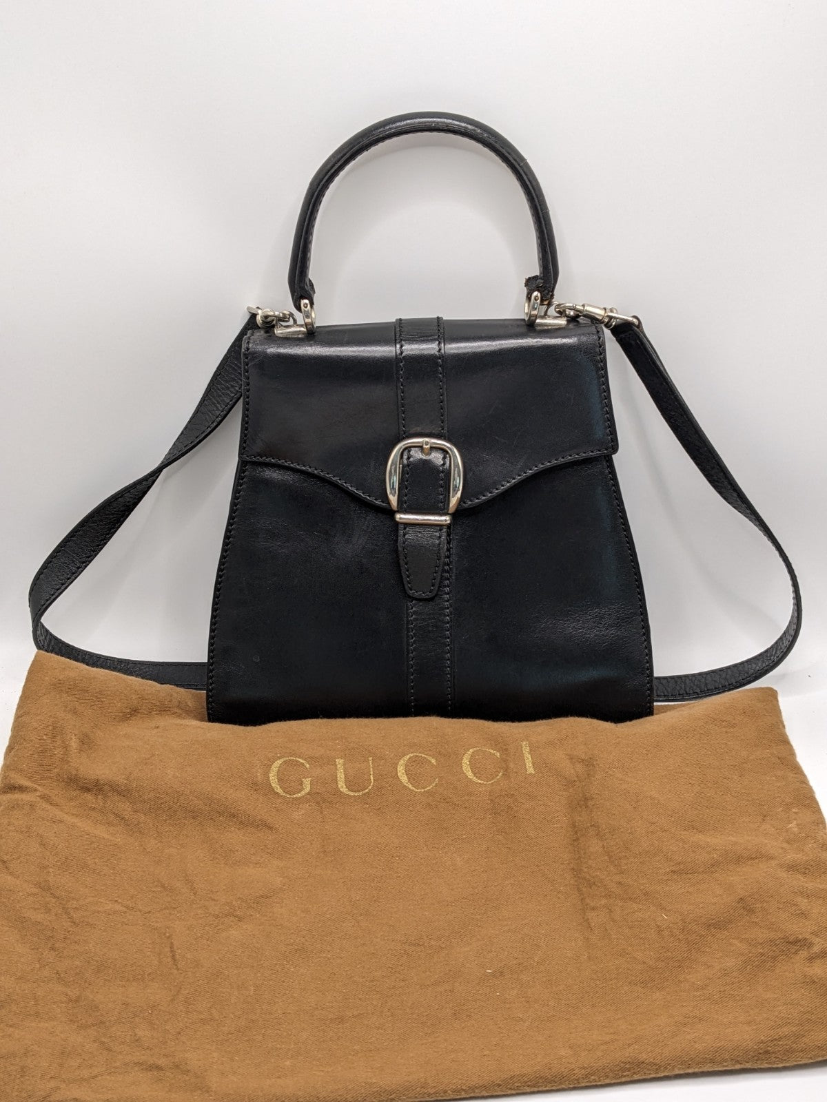 Gucci Black Leather Top Handle Crossbody Satchel Bag