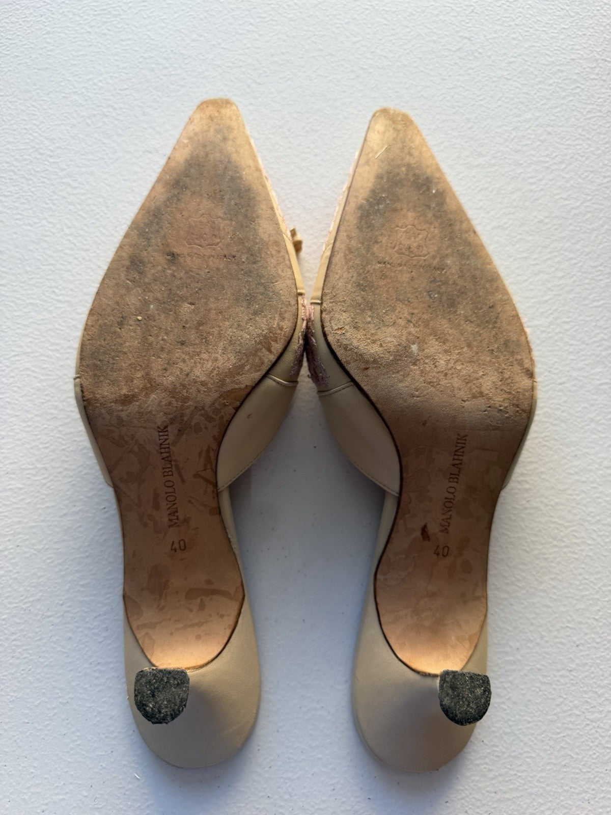 Vintage Manolo Blahnik Beige Pink Houndstooth Pointed Y2K Bow Mule Kitten