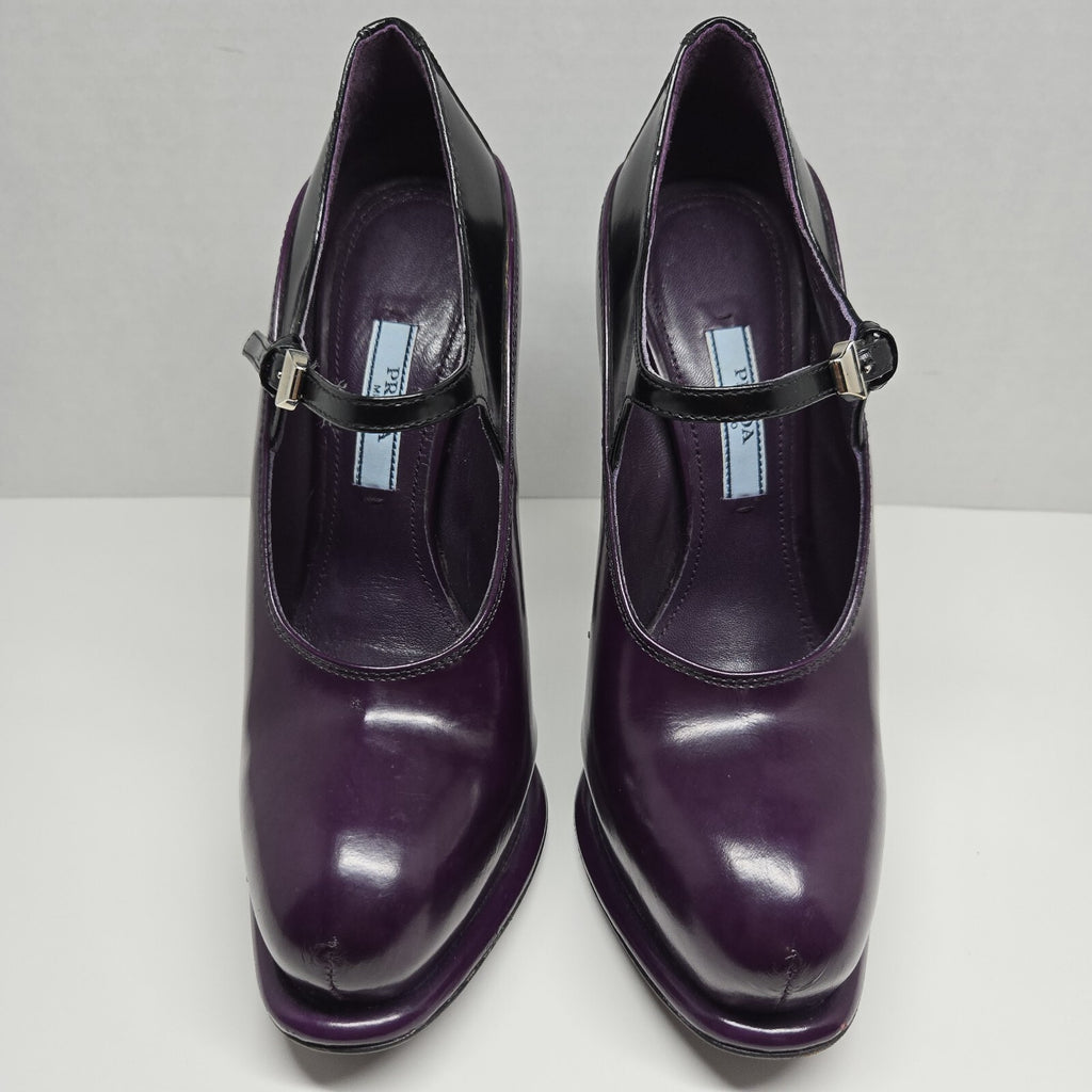 Prada Purple Black Patent Leather Strap Maryjane Heels Size EU 35 US 5