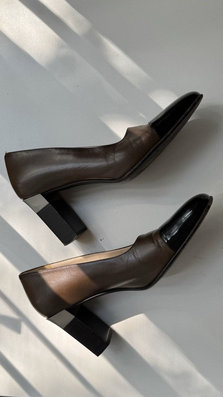 Chanel Two-Tone Metallic Silver and Brown Leather Cap Toe Pumps