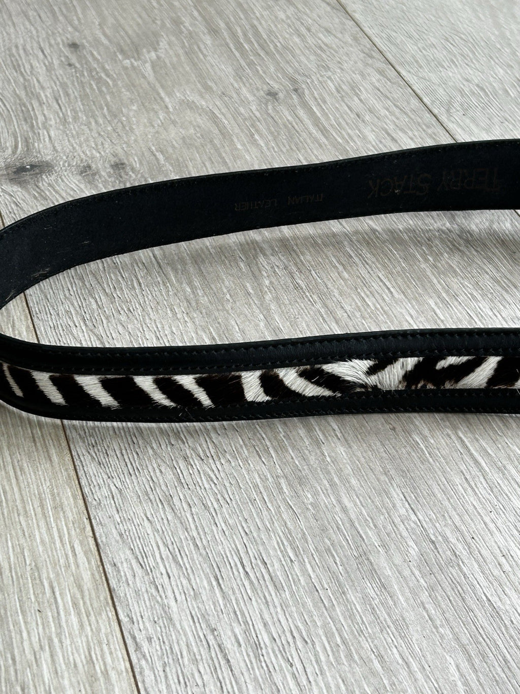 Terry Stack Italian Leather Belt in Black &amp; White Pony Hair