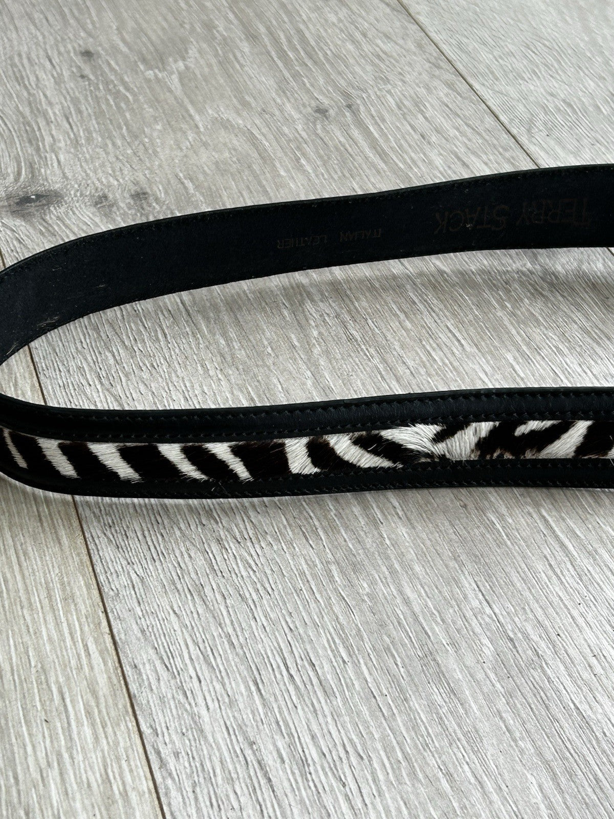 Terry Stack Italian Leather Belt in Black &amp; White Pony Hair