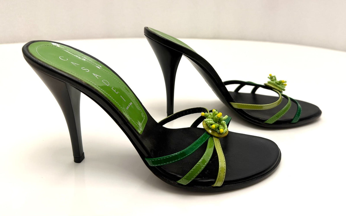 Casadei Vintage Deadstock Green Ombré Beaded Patent Leather Mules