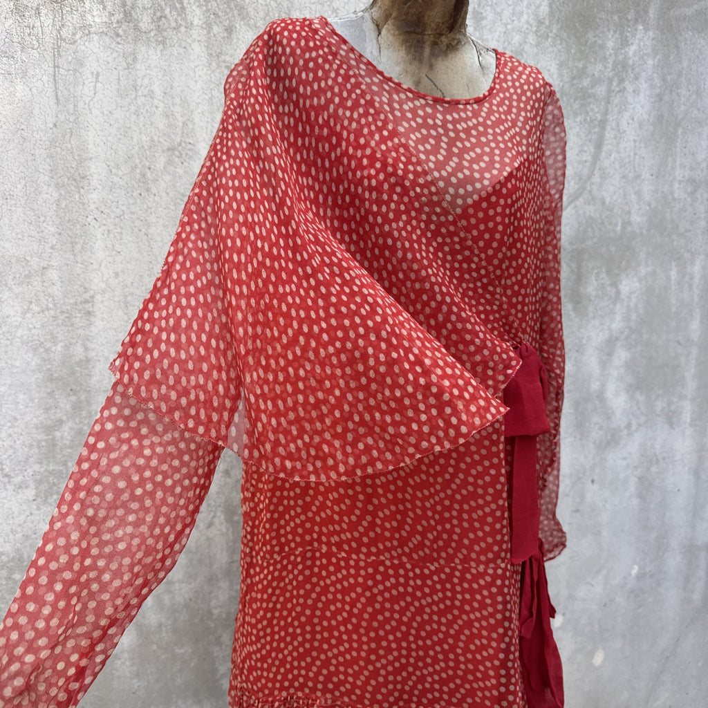 Marjone 1920s Red Silk Chiffon Polka Dot Dress