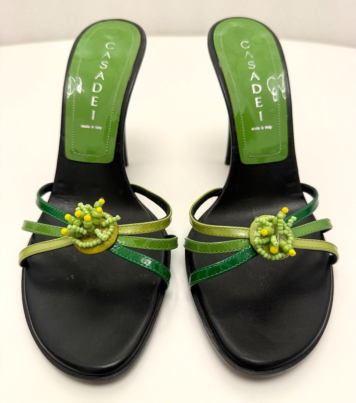 Casadei Vintage Deadstock Green Ombré Beaded Patent Leather Mules