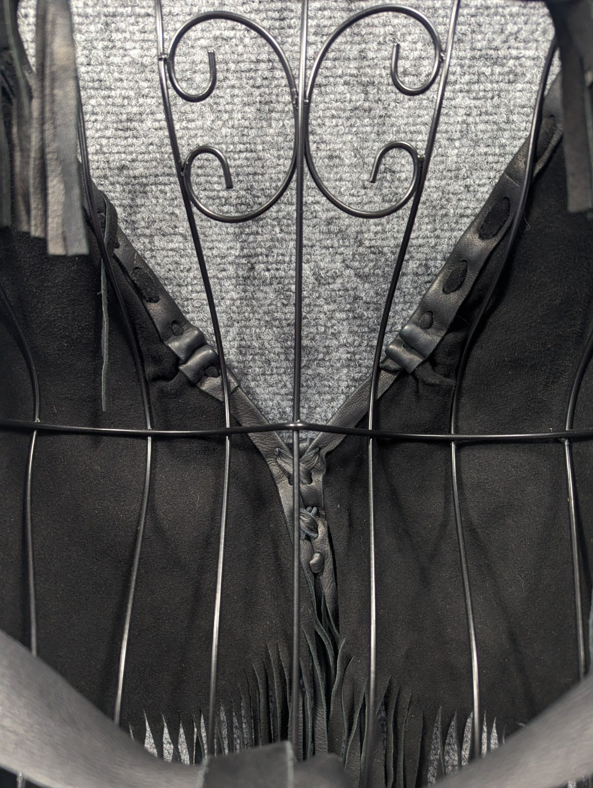 Handmade Black Leather Fringe Halter Top - Beaded Feather Detail