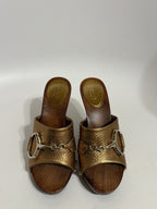 Gucci Gold Leather Horsebit Wood Sandal Heels
