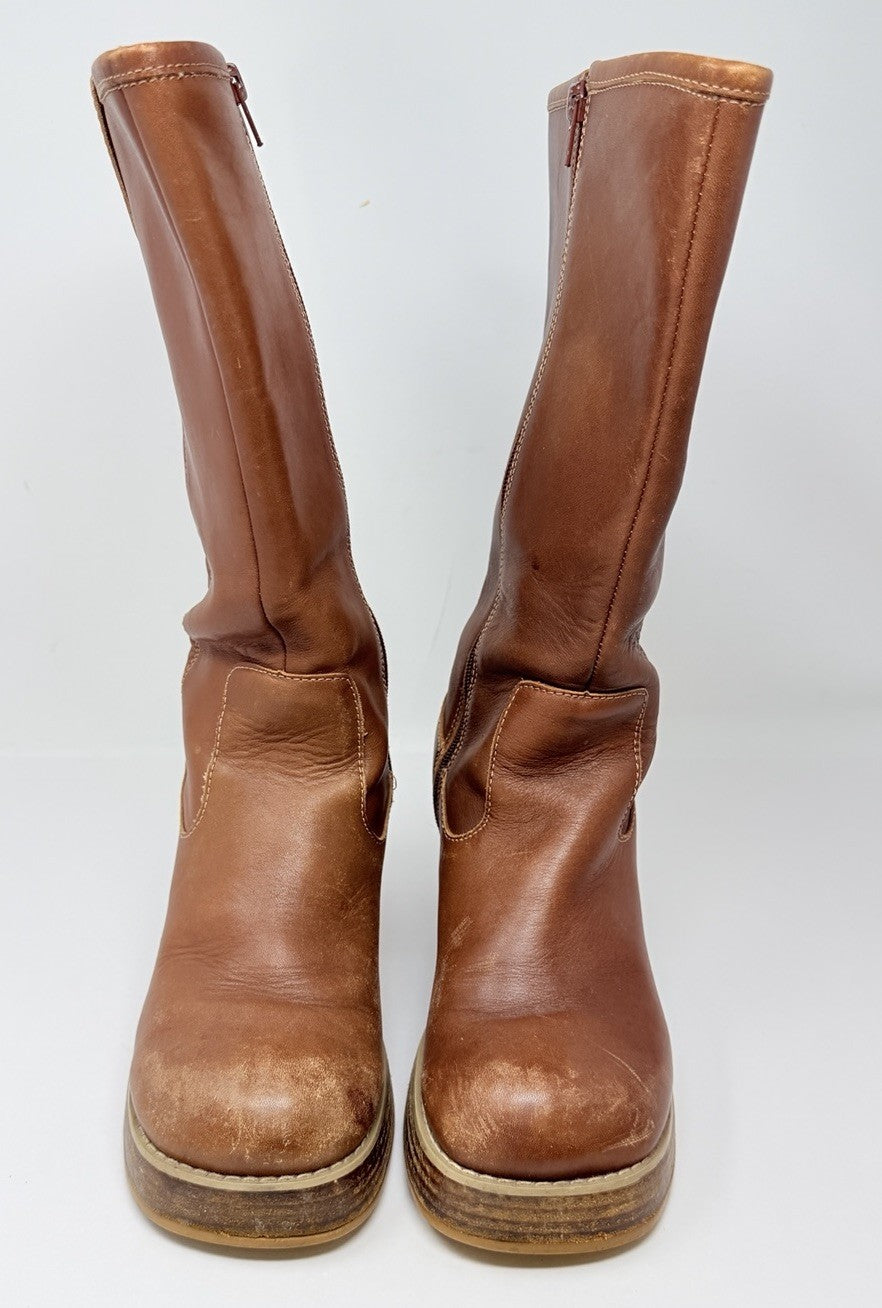 Frye Dorian Brown Leather Chunky Heel Platform Boots