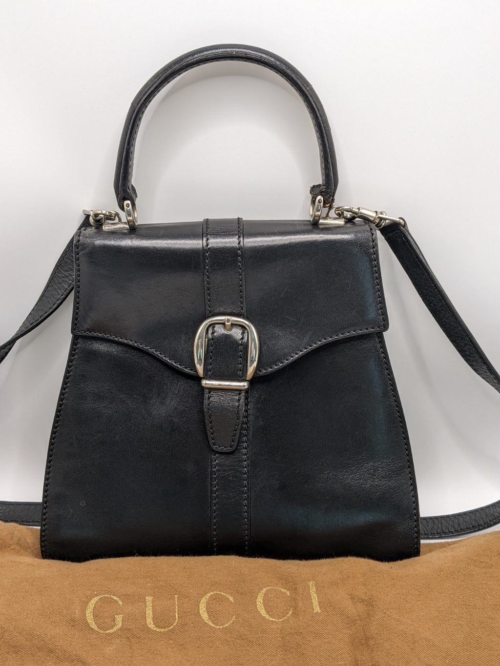 Gucci Black Leather Top Handle Crossbody Satchel Bag