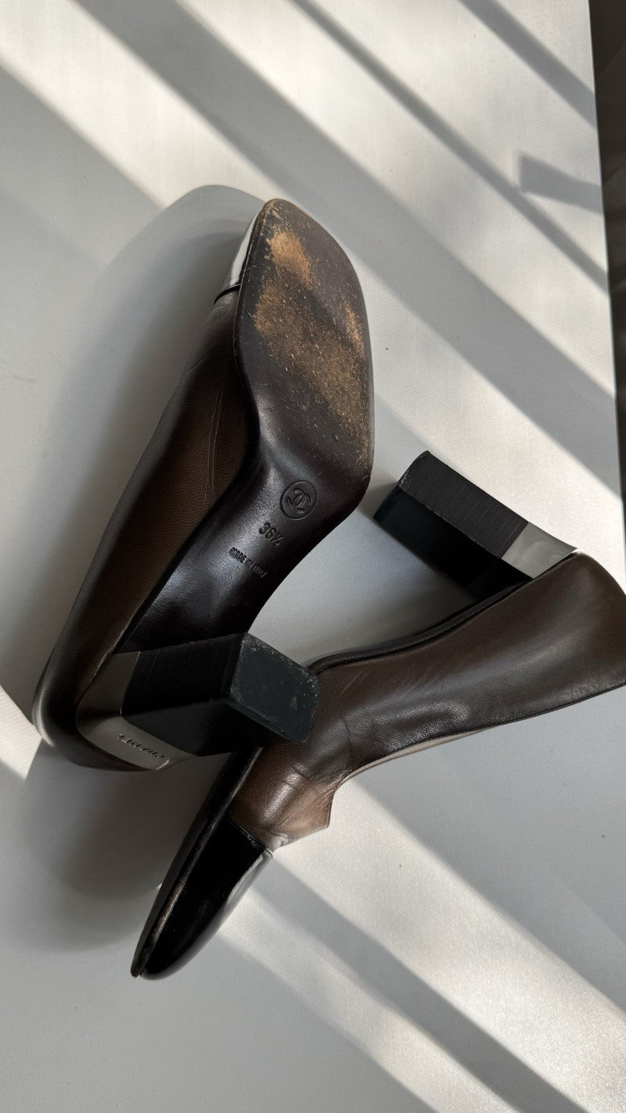 Chanel Two-Tone Metallic Silver and Brown Leather Cap Toe Pumps
