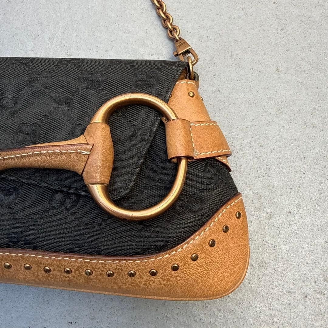 Gucci Tom Ford Era Horsebit GG Canvas Chain Clutch Shoulder Bag, Black & Beige