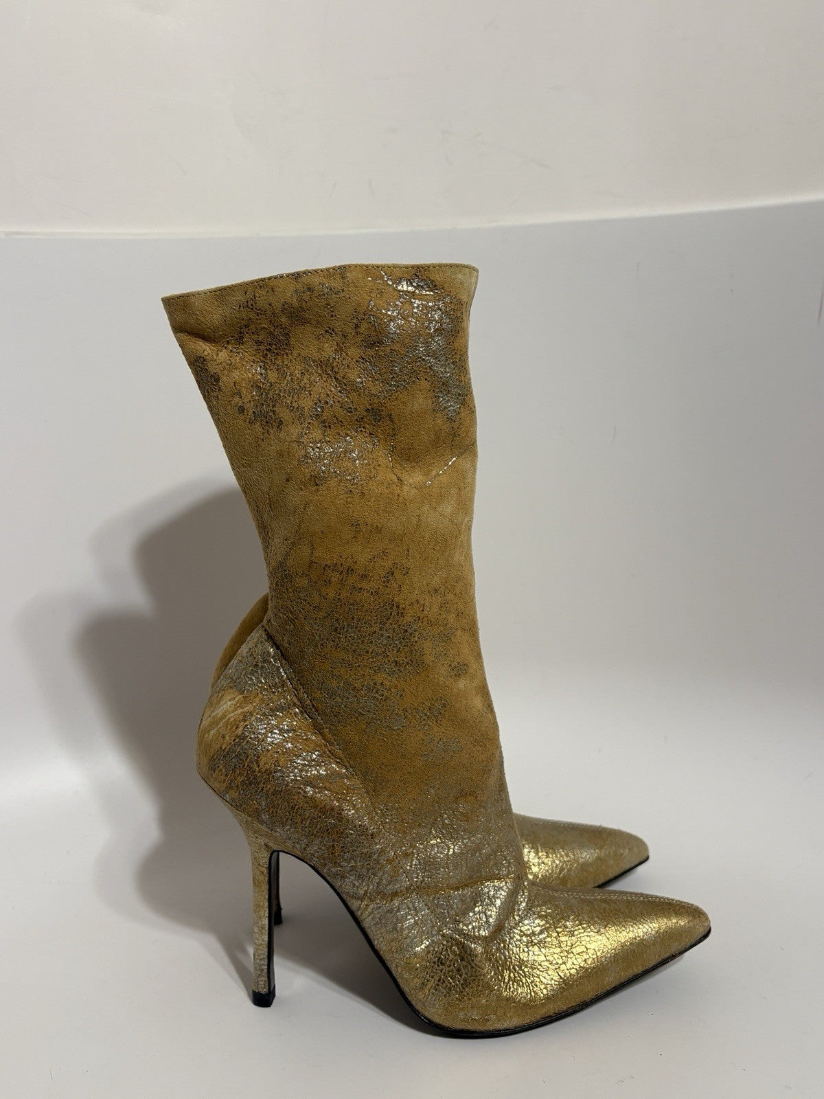 Roberto Cavalli SS2002 Beige Suede Metallic Gold Boots