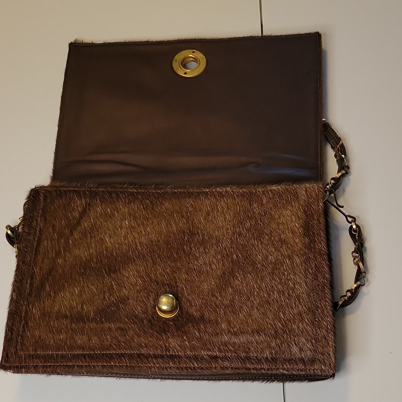 Haircalf Leather Shoulder Bag, Brown Pony Hair Chain Strap