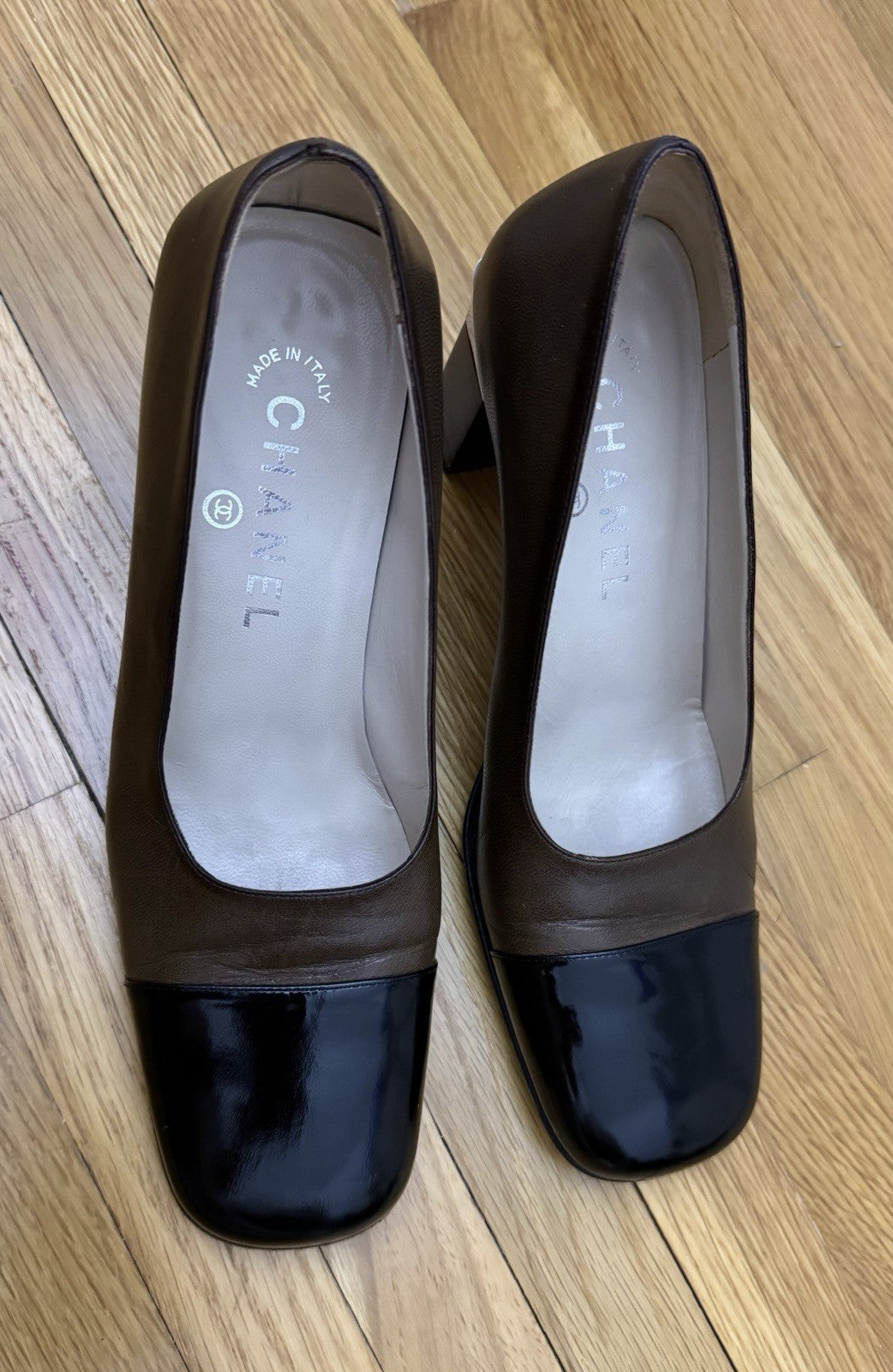Chanel Two-Tone Metallic Silver and Brown Leather Cap Toe Pumps