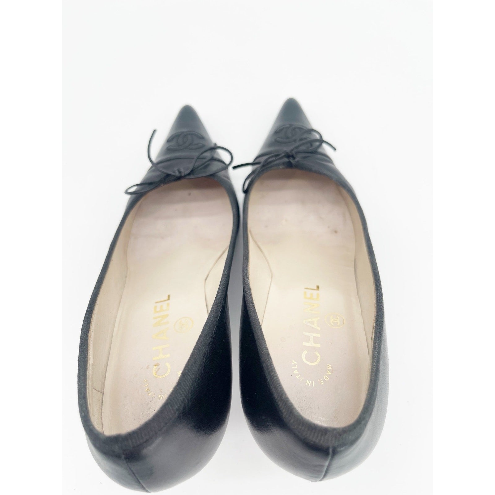 Chanel Vintage Black Patent Leather CC Bow Cap Toe Pumps, EU 36