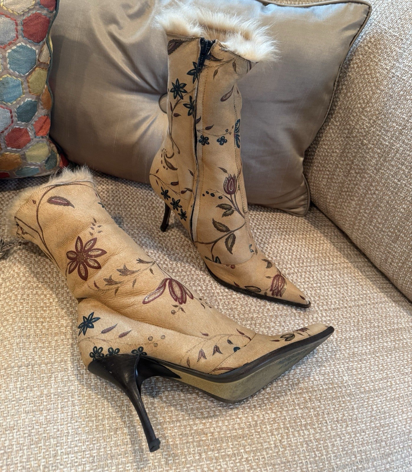 Roberto Cavalli Hand-Painted Floral Fur-Lined Heeled Boots