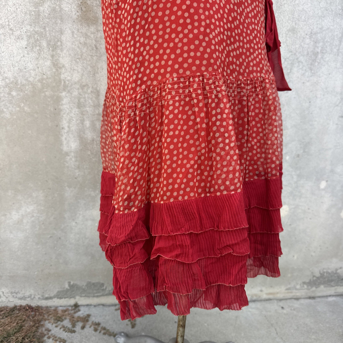 Marjone 1920s Red Silk Chiffon Polka Dot Dress